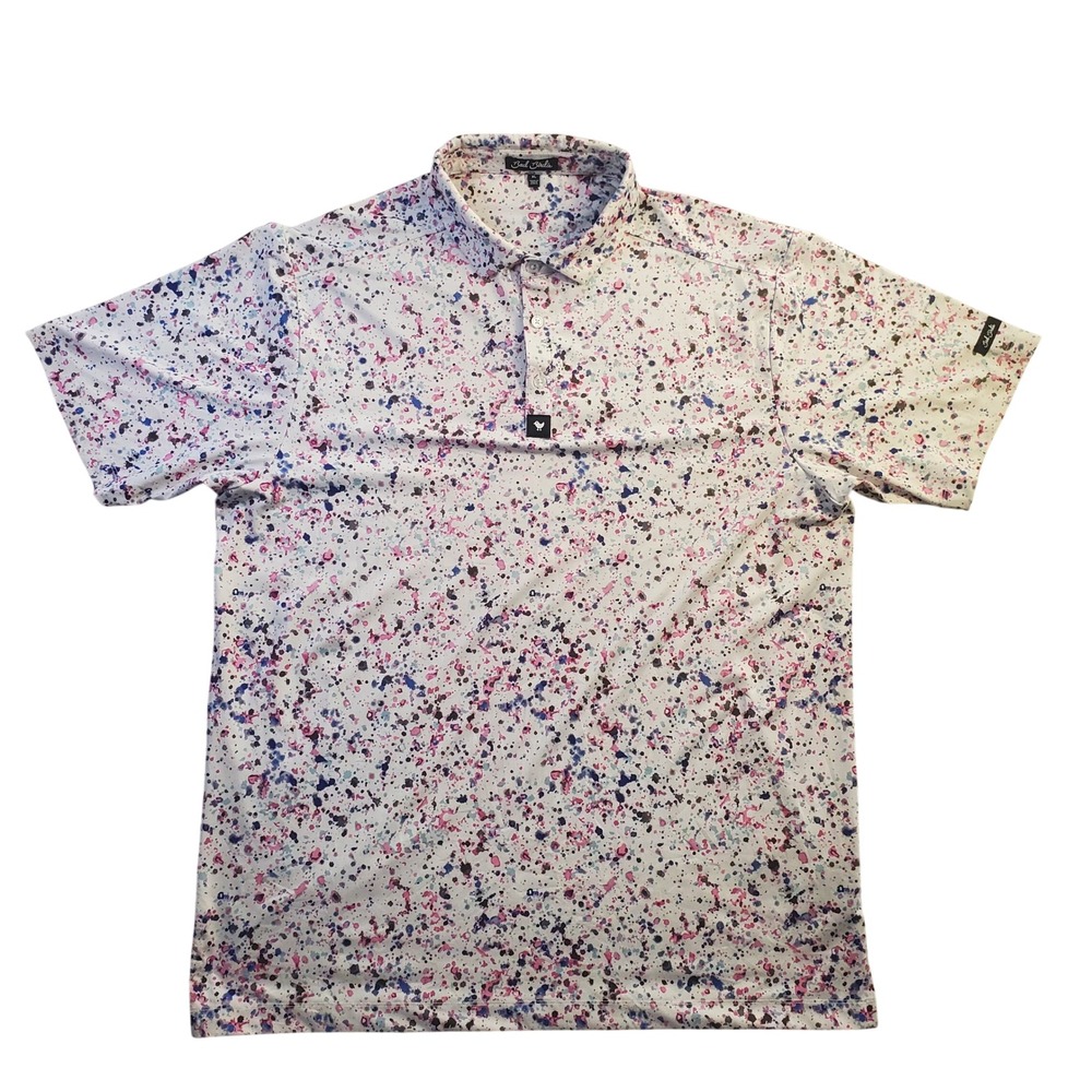 Bad Birdie Golf Polo Shirt Mens XL White Paint Splatter Abstract Performance